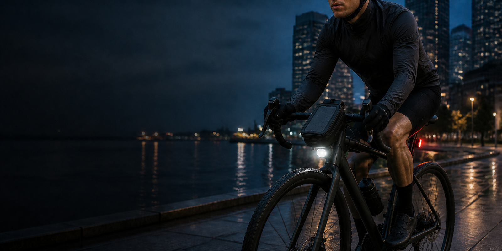 Cyclist riding through a modern city
